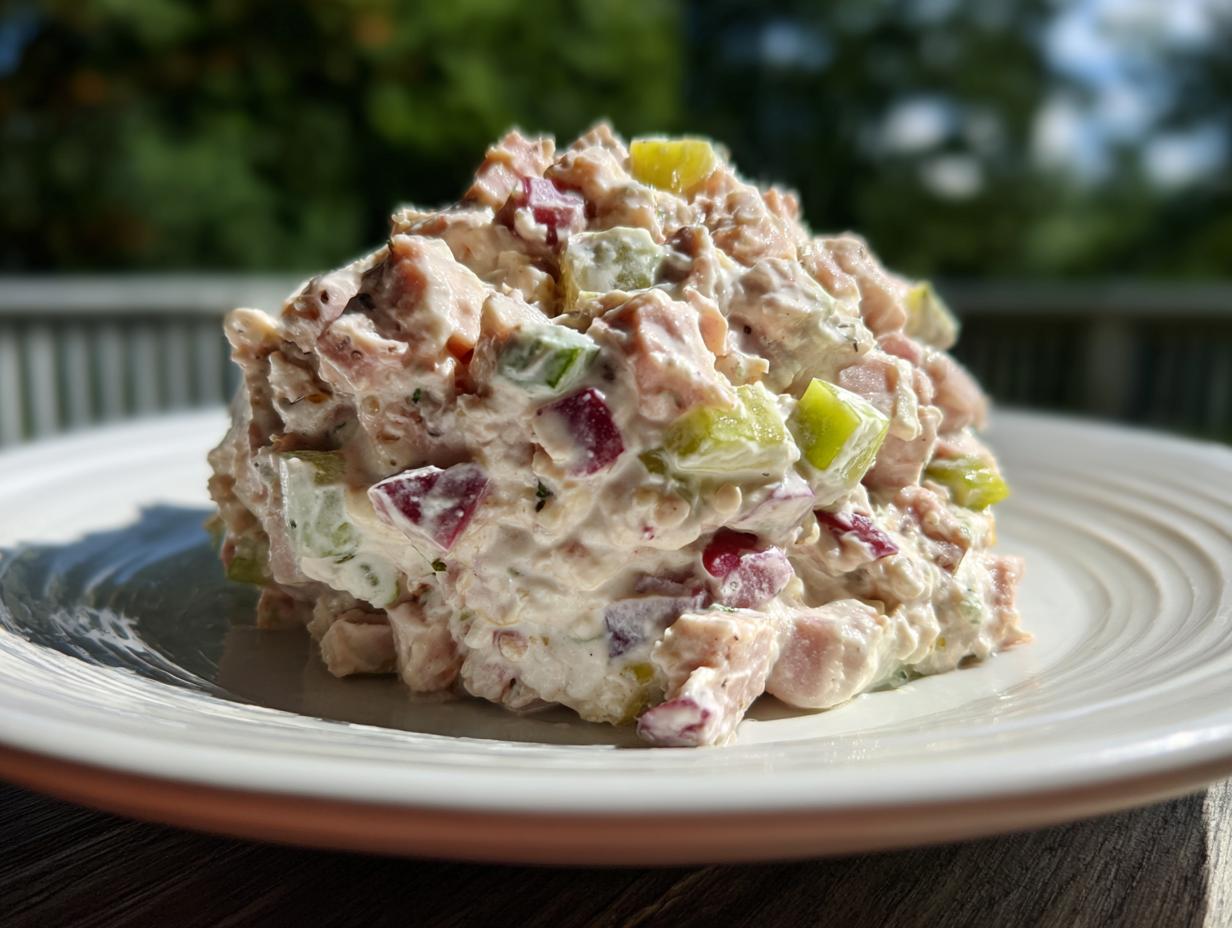 A generous scoop of creamy ham salad featuring diced ham, green celery, and red onion on a white plate outdoors.