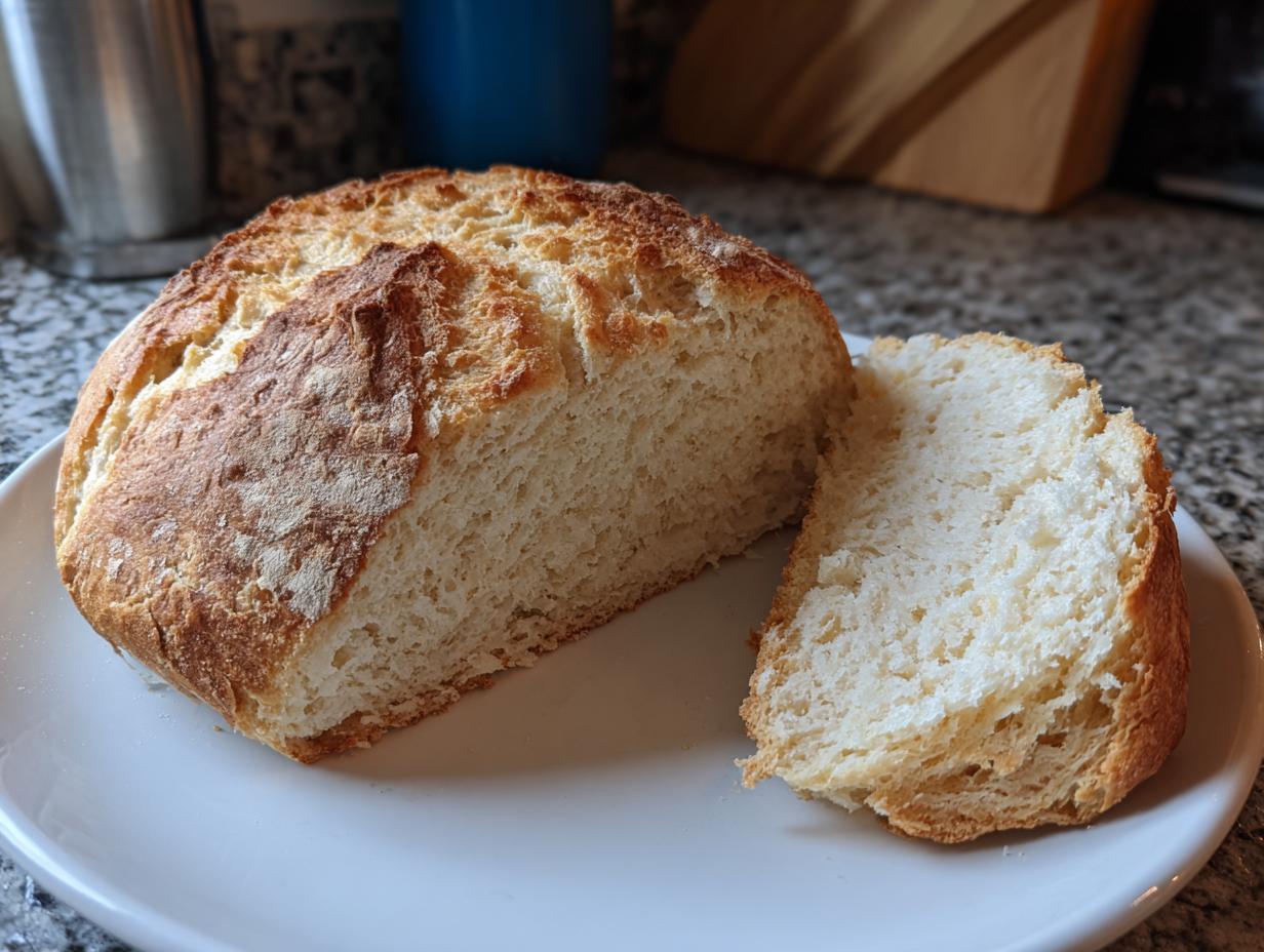 A freshly baked loaf of soda bread, cut in half to show the soft, white interior crumb.