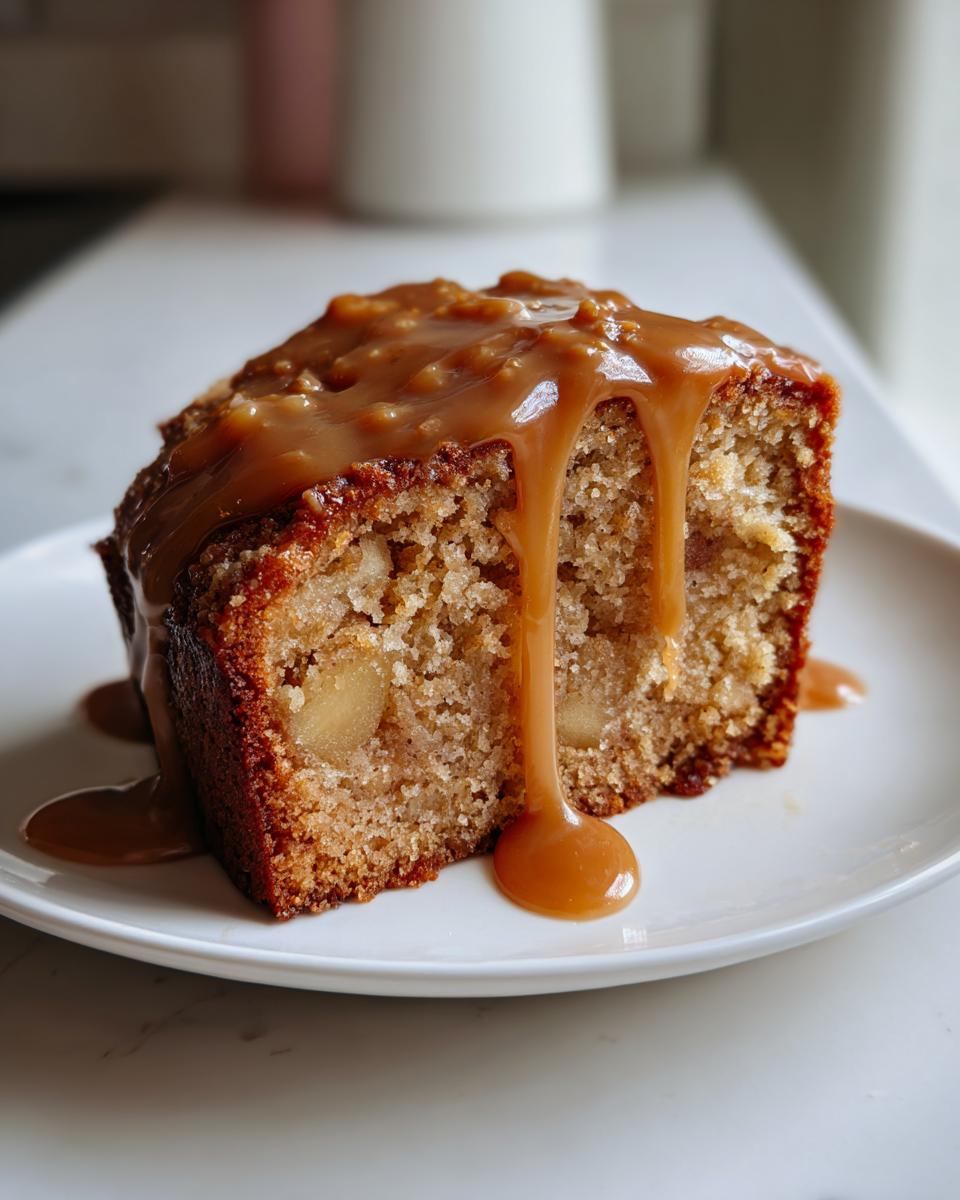 Close-up of a moist slice of apple cake topped with thick, dripping caramel sauce.
