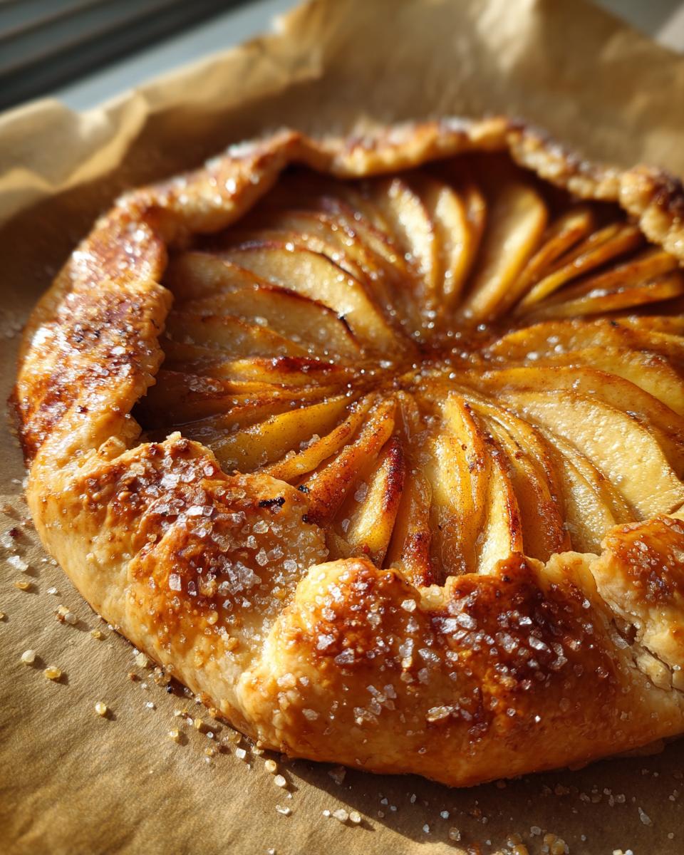 Close-up of a freshly baked apple galette with fanned apple slices and a rustic, golden crust sprinkled with coarse sugar.