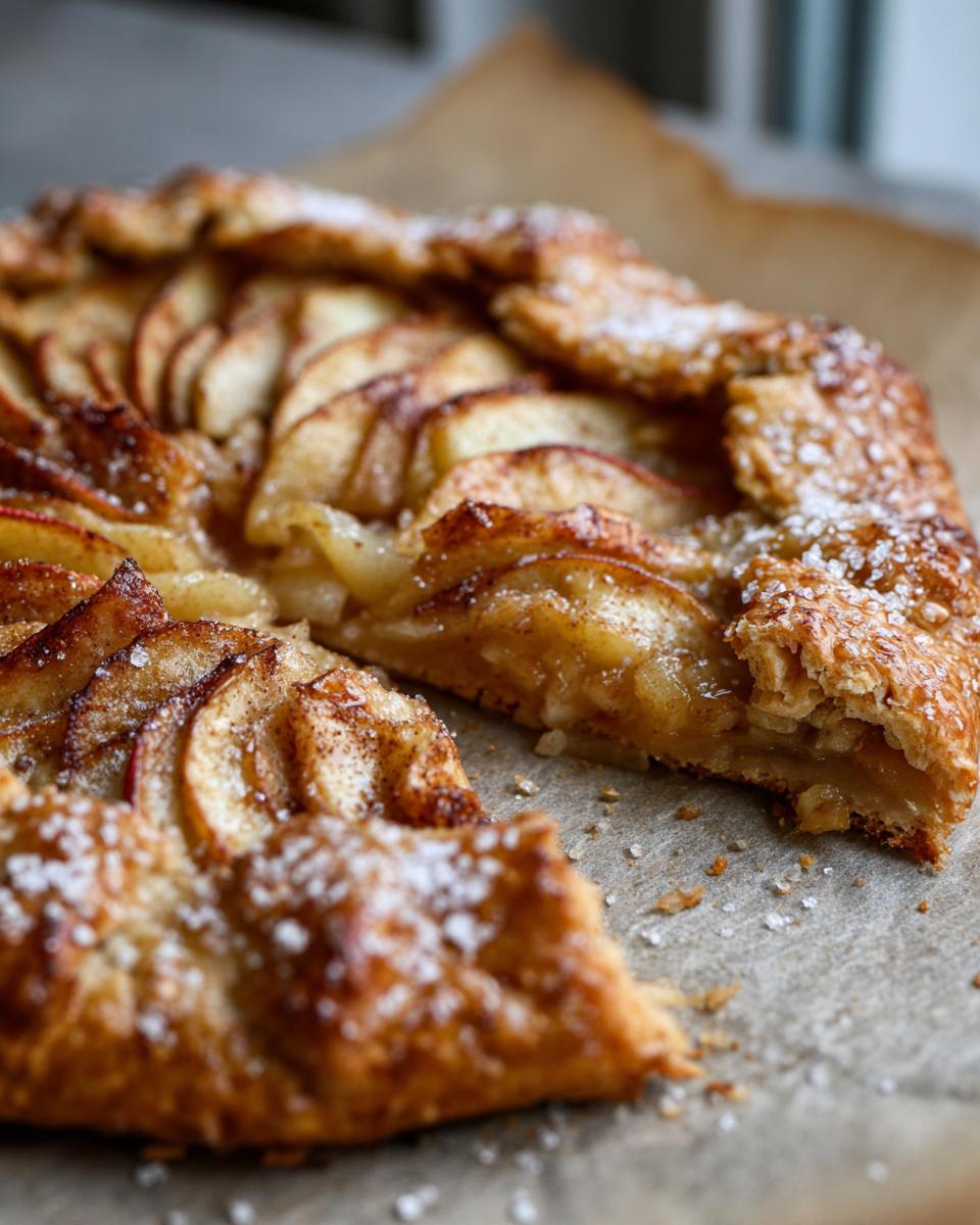 A close-up view of a freshly baked apple galette with a slice removed, showing layered apples and a sugared, flaky crust.