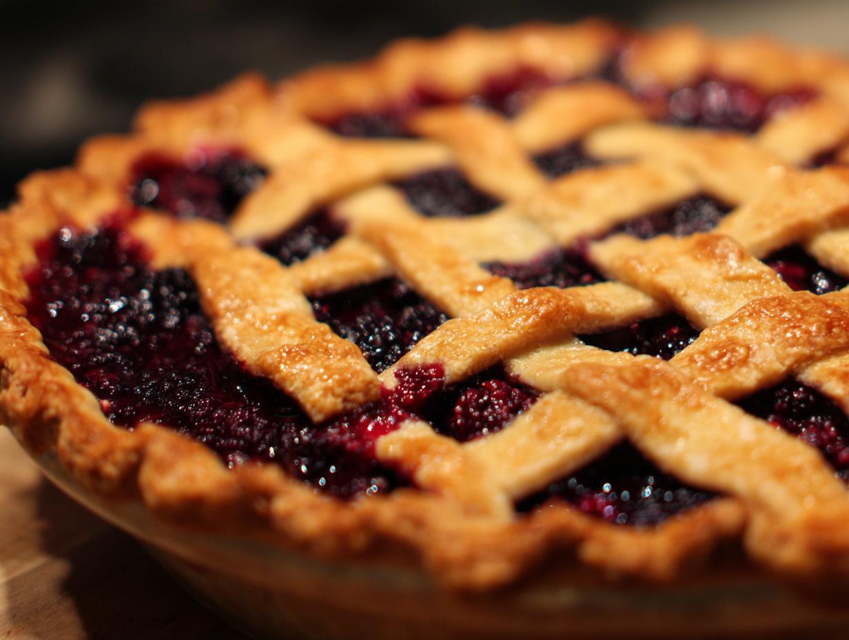 Close-up of a freshly baked blackberry pie featuring a golden brown lattice crust over bubbling dark purple filling.