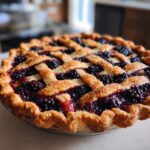 Close-up of a golden-brown, freshly baked blackberry pie featuring a beautiful lattice crust sprinkled with sugar.