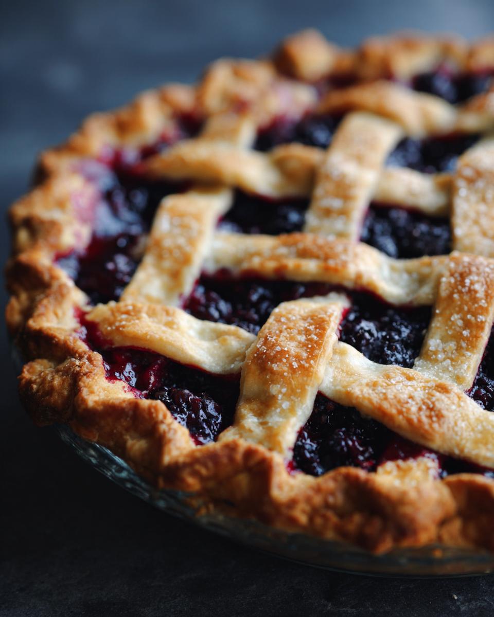 Close-up of a freshly baked blackberry pie with a golden lattice crust sprinkled with sugar.