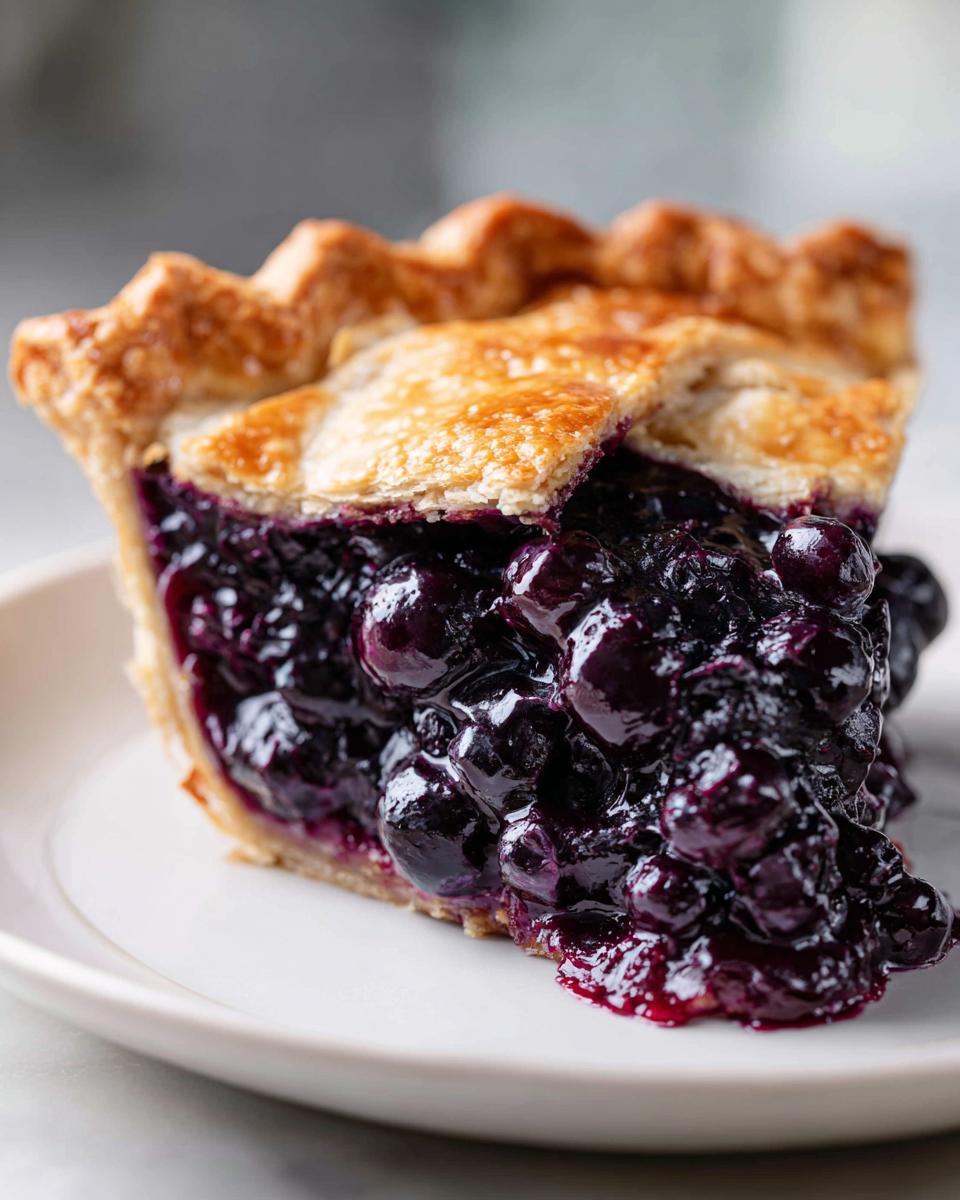 Close-up of a juicy slice of blueberry pie recipe showing thick, bubbling blueberry filling and flaky golden crust.