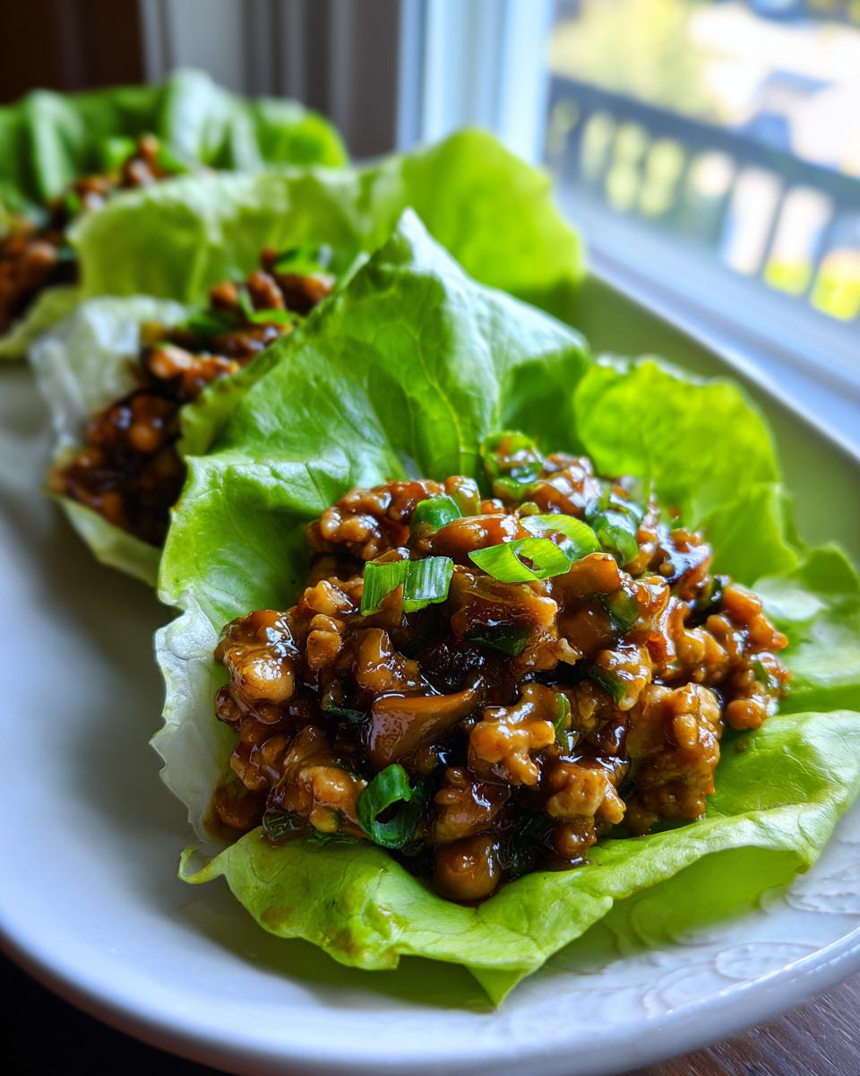 Close-up of several fresh chicken lettuce wraps filled with savory brown sauce and topped with green onions.