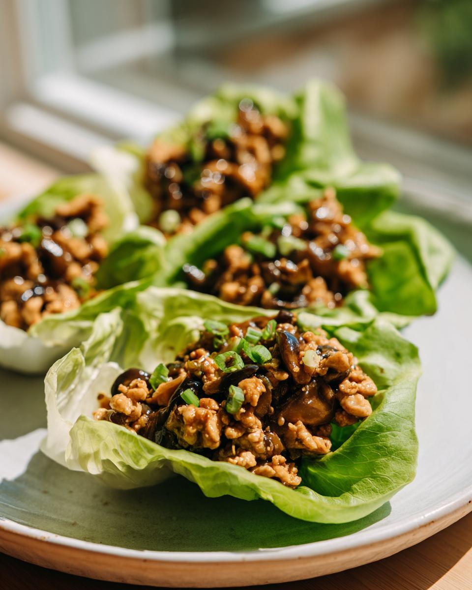 Three servings of flavorful chicken lettuce wraps filled with ground chicken and mushrooms, topped with green onions.