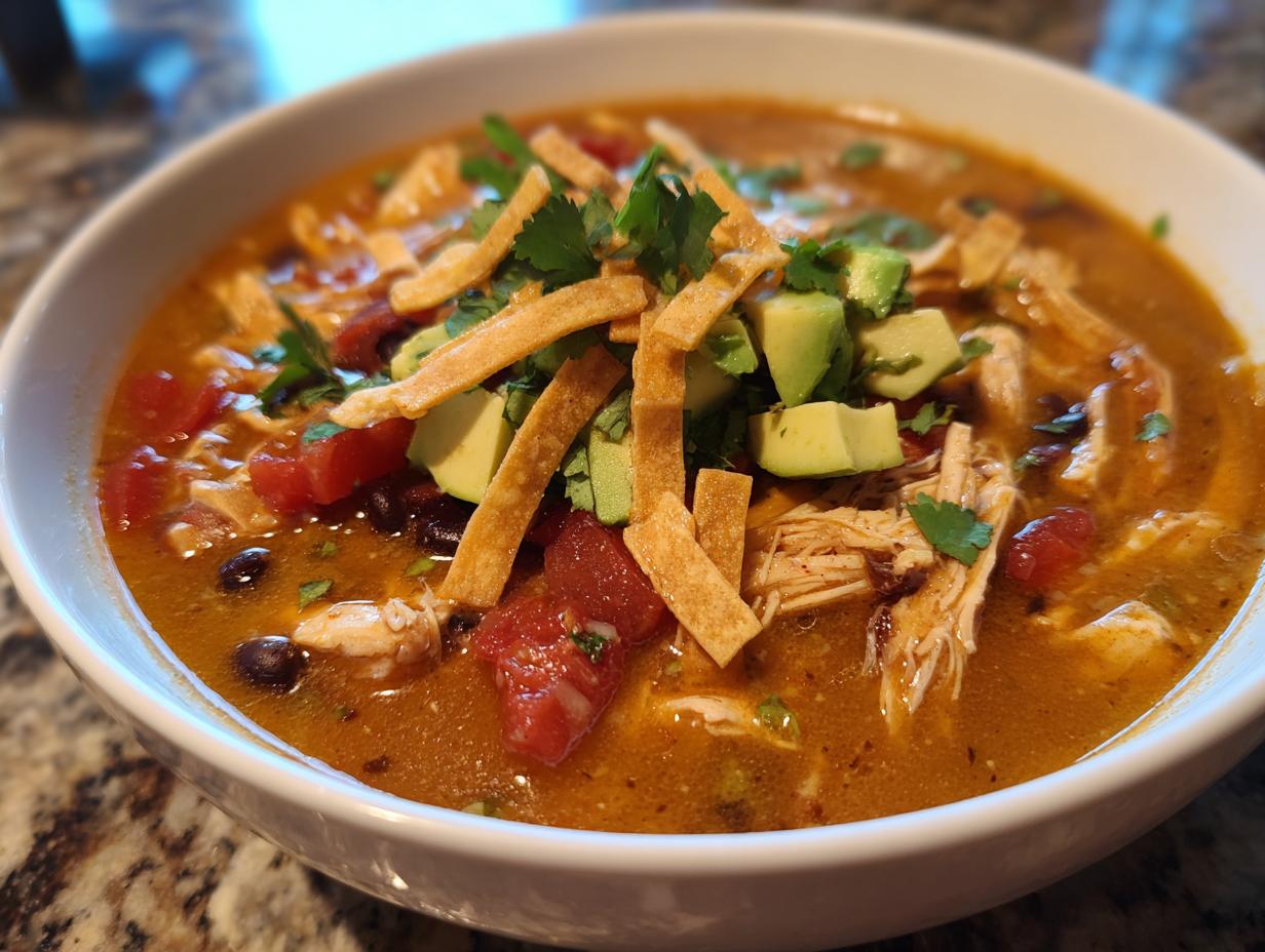 A close-up view of a hearty bowl of chicken tortilla soup topped with avocado, crispy tortilla strips, and cilantro.