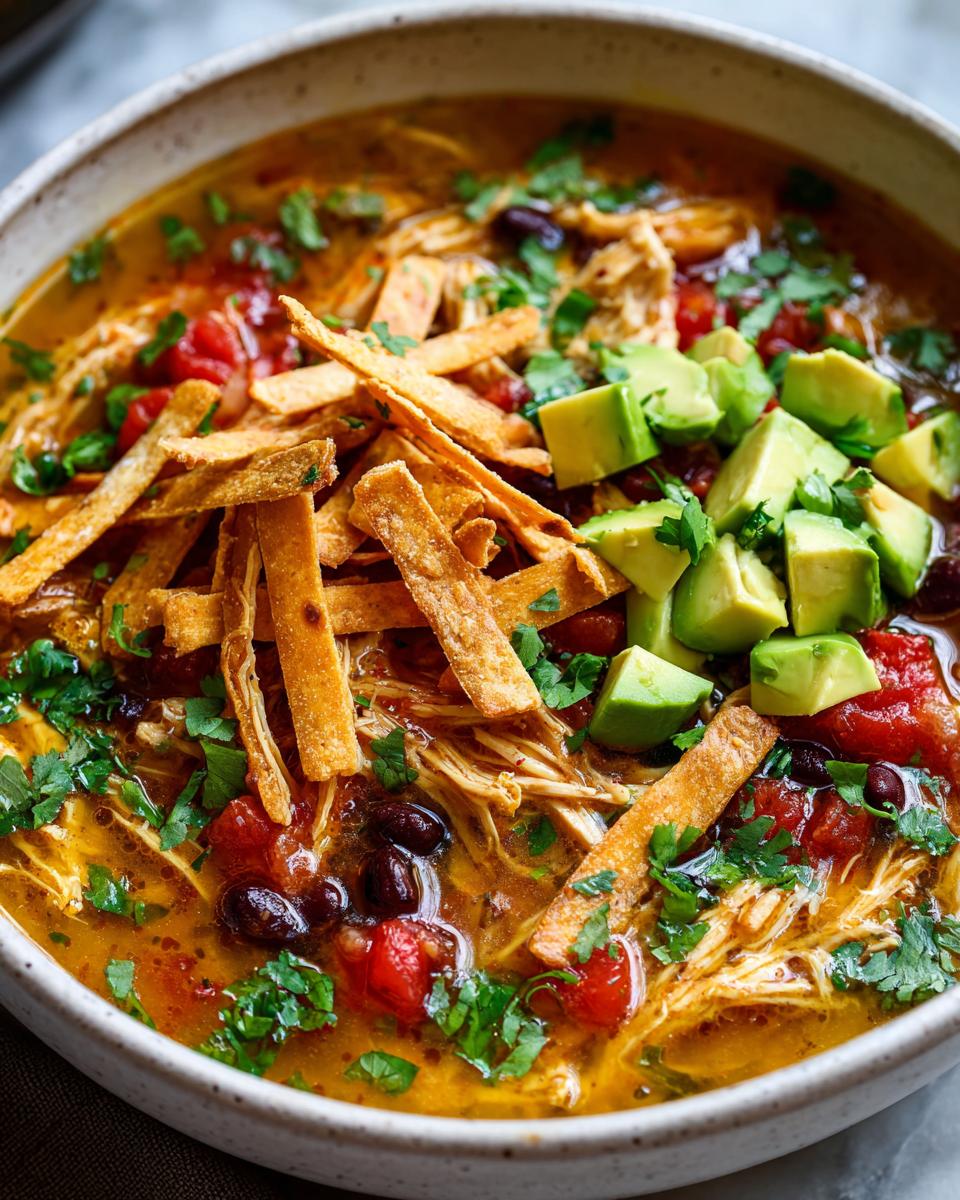 A close-up of a bowl of amazing chicken tortilla soup topped with avocado, crispy tortilla strips, and cilantro.