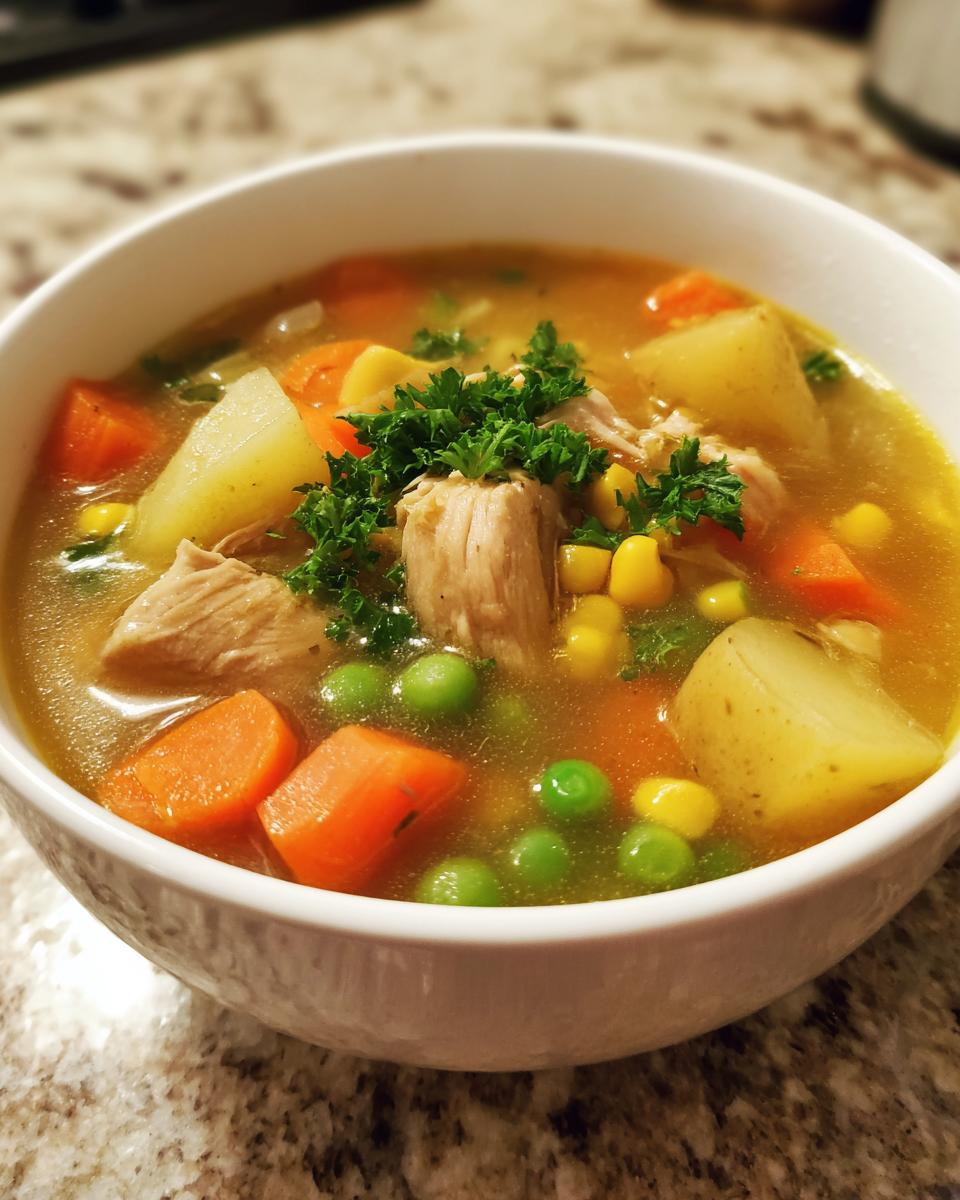 A close-up of a white bowl filled with amazing chicken vegetable soup, featuring chunks of chicken, carrots, potatoes, peas, and corn.