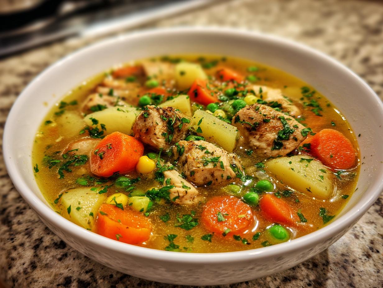 Close-up of a steaming bowl of chicken vegetable soup featuring chunks of chicken, potatoes, carrots, and peas, garnished with parsley.