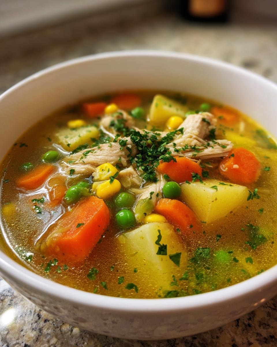 Close-up of a bowl of amazing chicken vegetable soup with chunks of chicken, carrots, potatoes, peas, and corn, garnished with parsley.