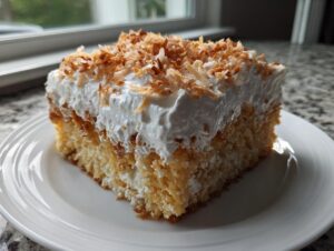 A moist slice of coconut poke cake topped with whipped cream and toasted coconut flakes.