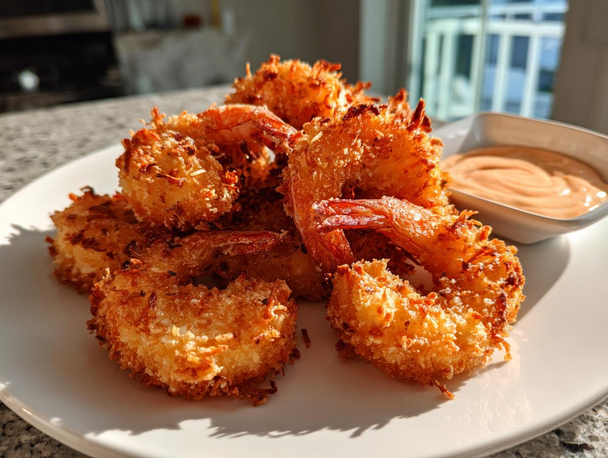 A pile of golden brown, crispy coconut shrimp served on a white plate next to a small bowl of dipping sauce.
