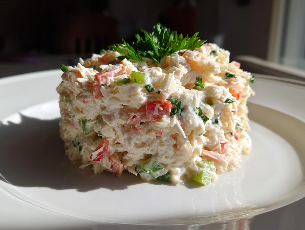 A molded serving of creamy crab salad with visible chunks of imitation crab, celery, and parsley garnish.