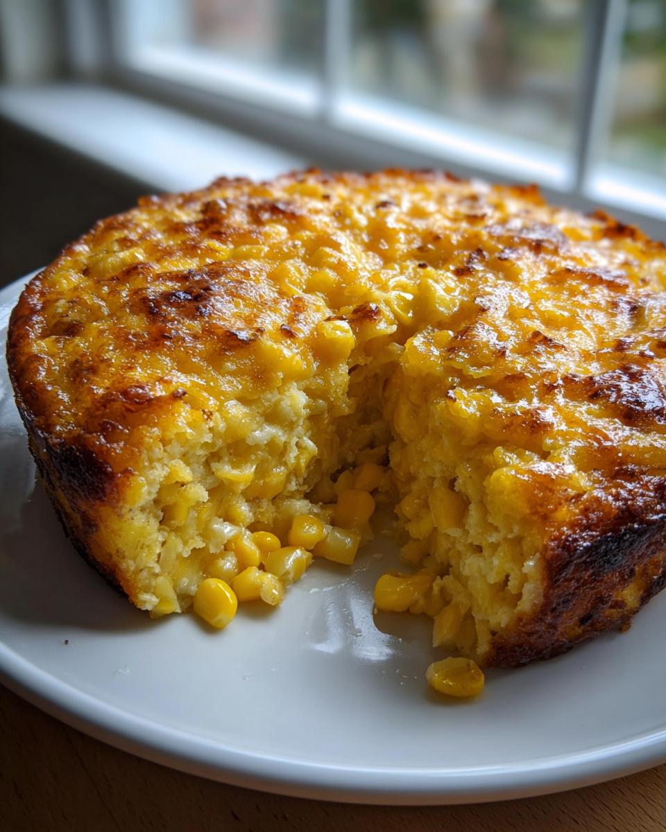 A golden-brown baked cream cheese corn casserole with a scoop removed, showing the moist, creamy interior filled with corn kernels.