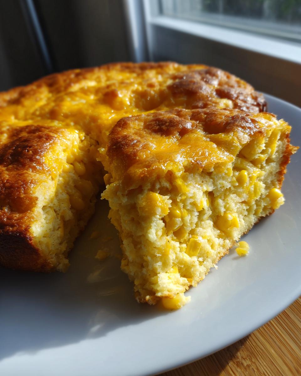 A golden-brown slice of moist cream cheese corn casserole showing whole corn kernels inside.