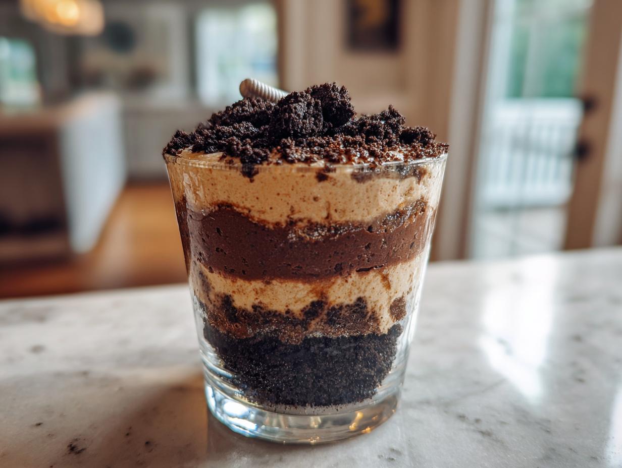 A layered, single-serving dirt cake dessert in a clear glass, featuring chocolate cookie crumbs and light and dark creamy layers.