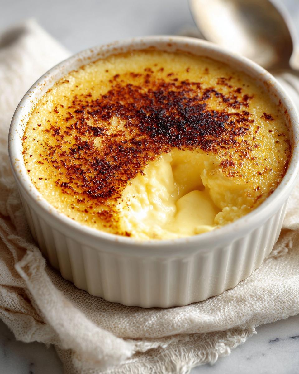 Close-up of a creamy egg custard in a white ramekin with a deeply caramelized sugar crust.