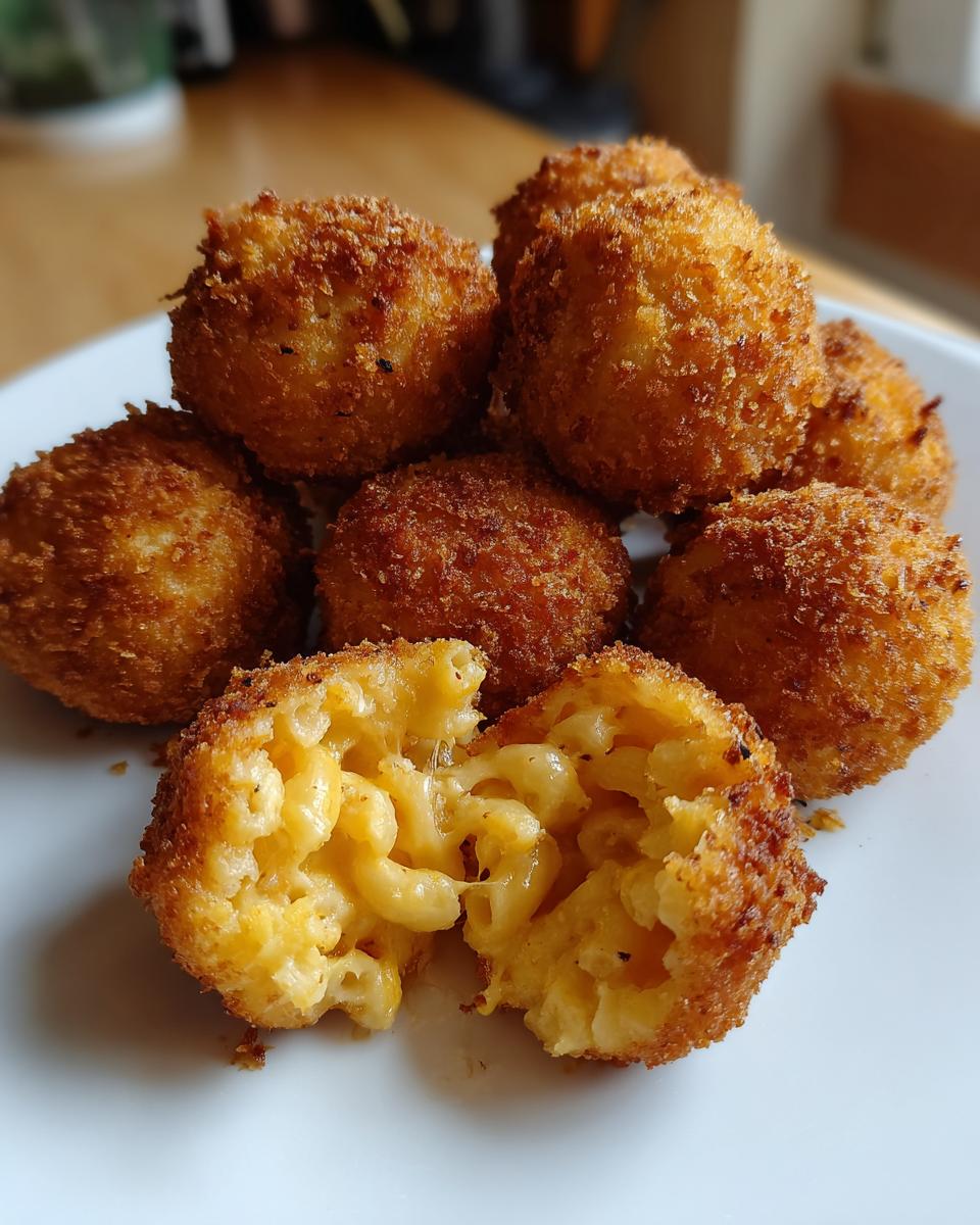 Close-up of golden brown fried mac and cheese balls, one broken open showing the gooey macaroni center.