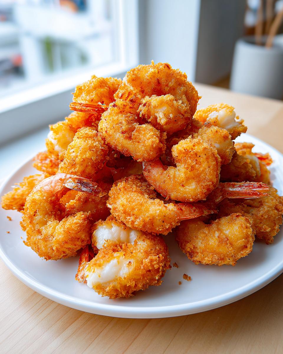 A generous pile of golden brown, crispy fried shrimp served on a white plate, showing the white interior of one broken piece.