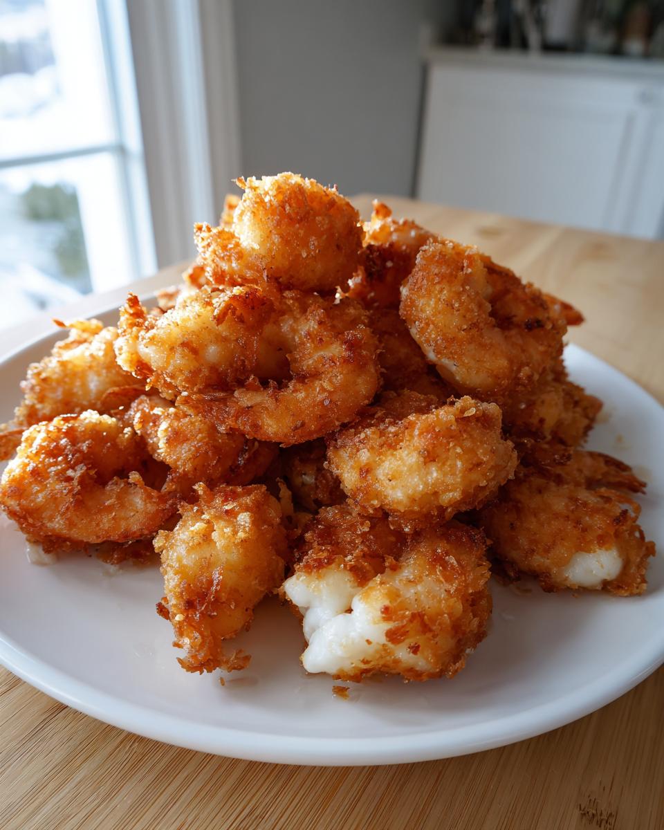 A generous pile of perfectly golden brown fried shrimp served on a white plate, showing crispy coating.