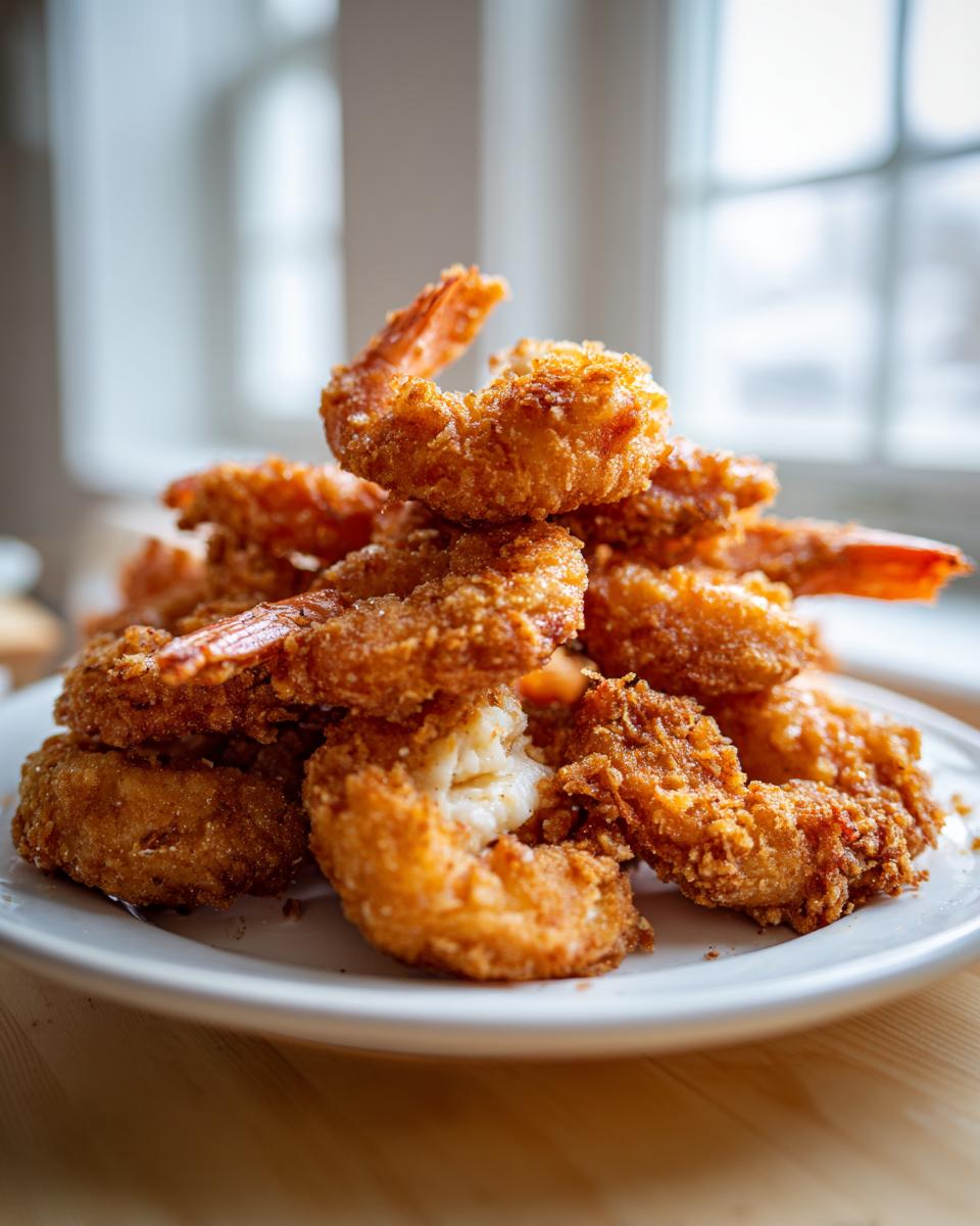 A tall stack of golden brown, crispy fried shrimp piled high on a white plate, showing the texture of the breading.
