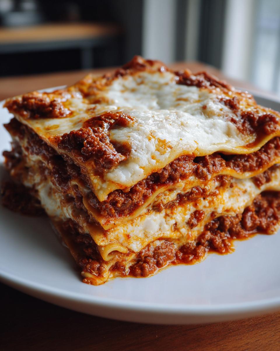 A thick, layered slice of homemade lasagna with rich meat sauce and melted cheese topping.