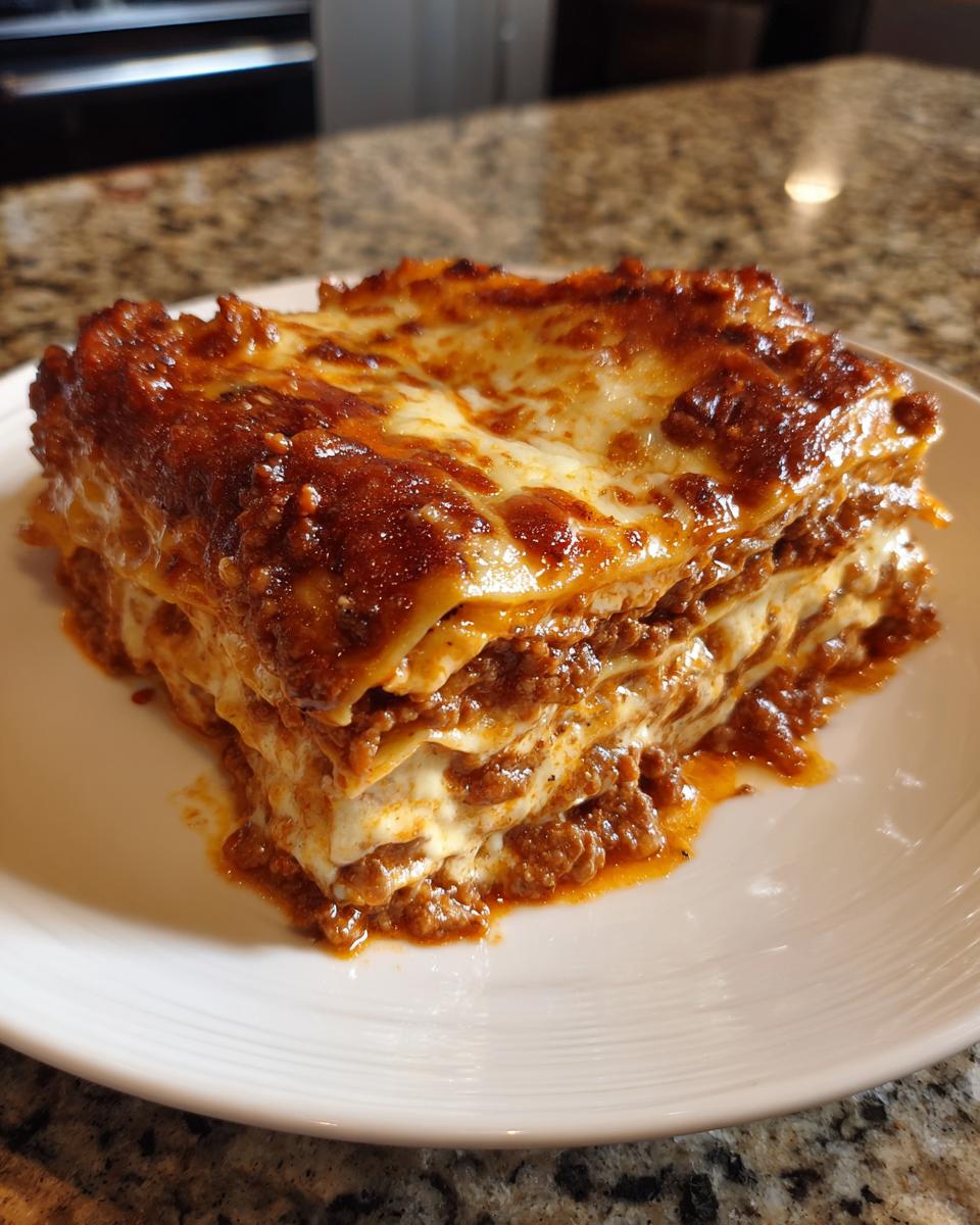 A thick, layered slice of baked lasagna with rich meat sauce and melted cheese on a white plate.