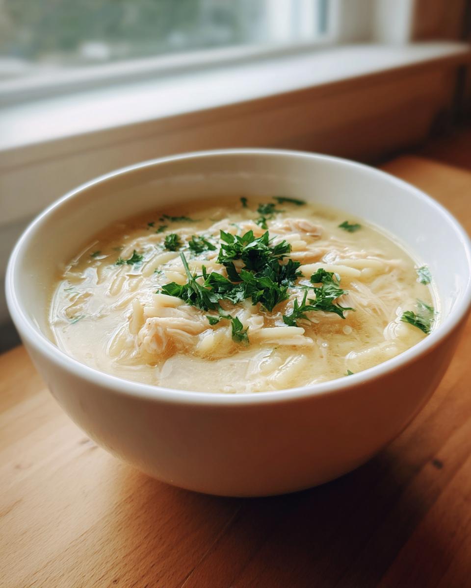 A close-up of a white bowl filled with creamy lemon chicken soup, noodles, and shredded chicken, topped with fresh parsley.