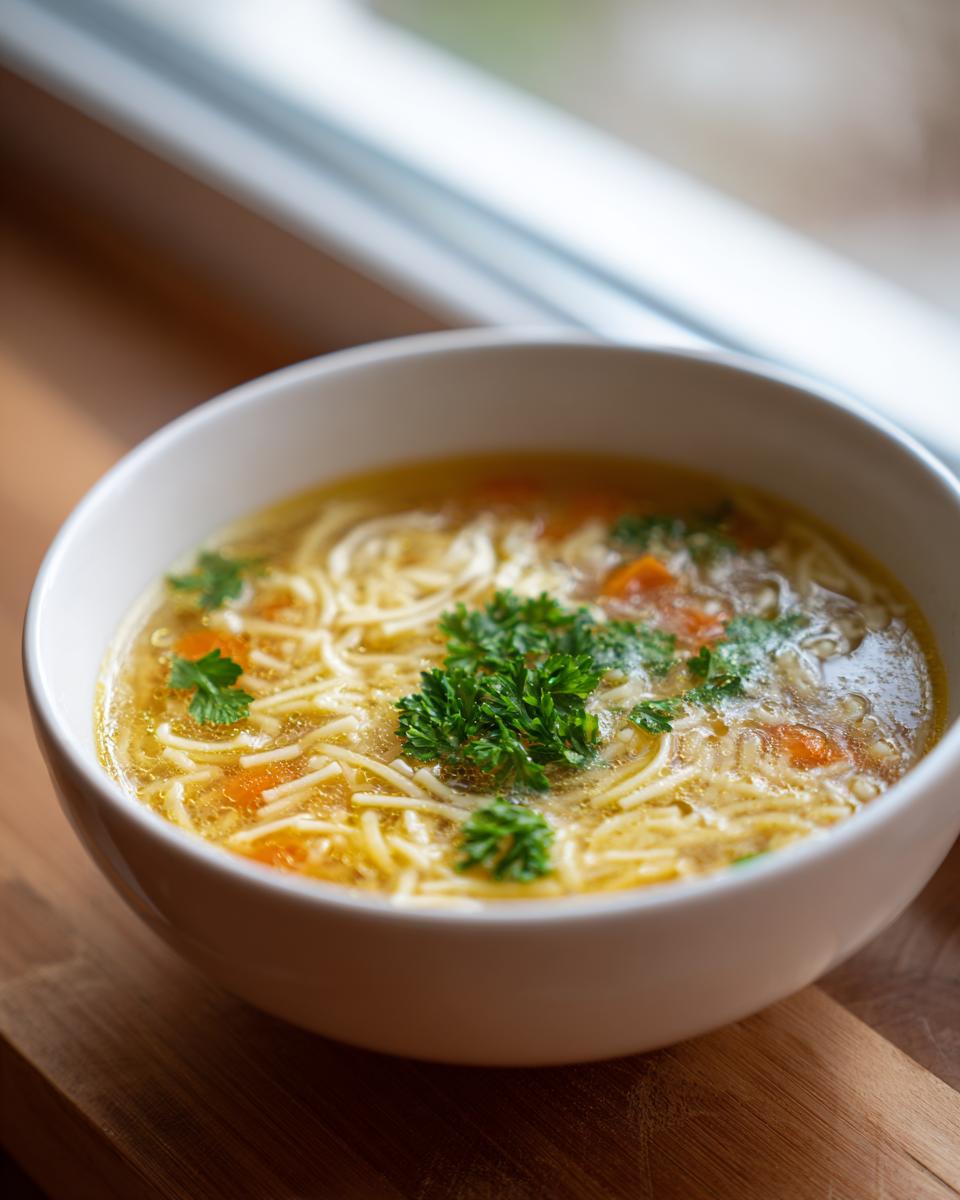 A white bowl filled with hot pastina soup, featuring thin noodles, carrots, and topped with fresh parsley.