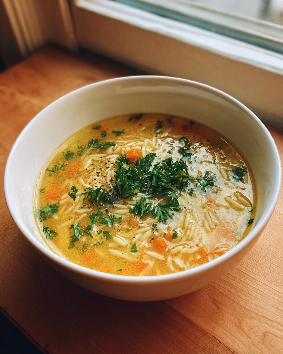 A white bowl filled with warm, golden pastina soup featuring small pasta, carrots, and topped with fresh parsley and black pepper.