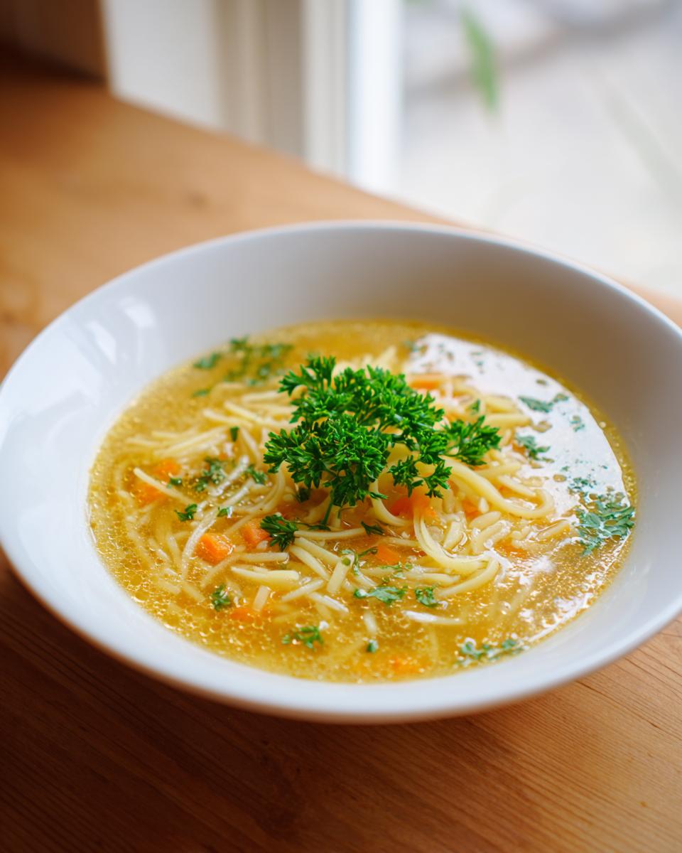 Close-up of a white bowl filled with amazing pastina soup, featuring thin noodles, diced carrots, and a fresh parsley garnish.