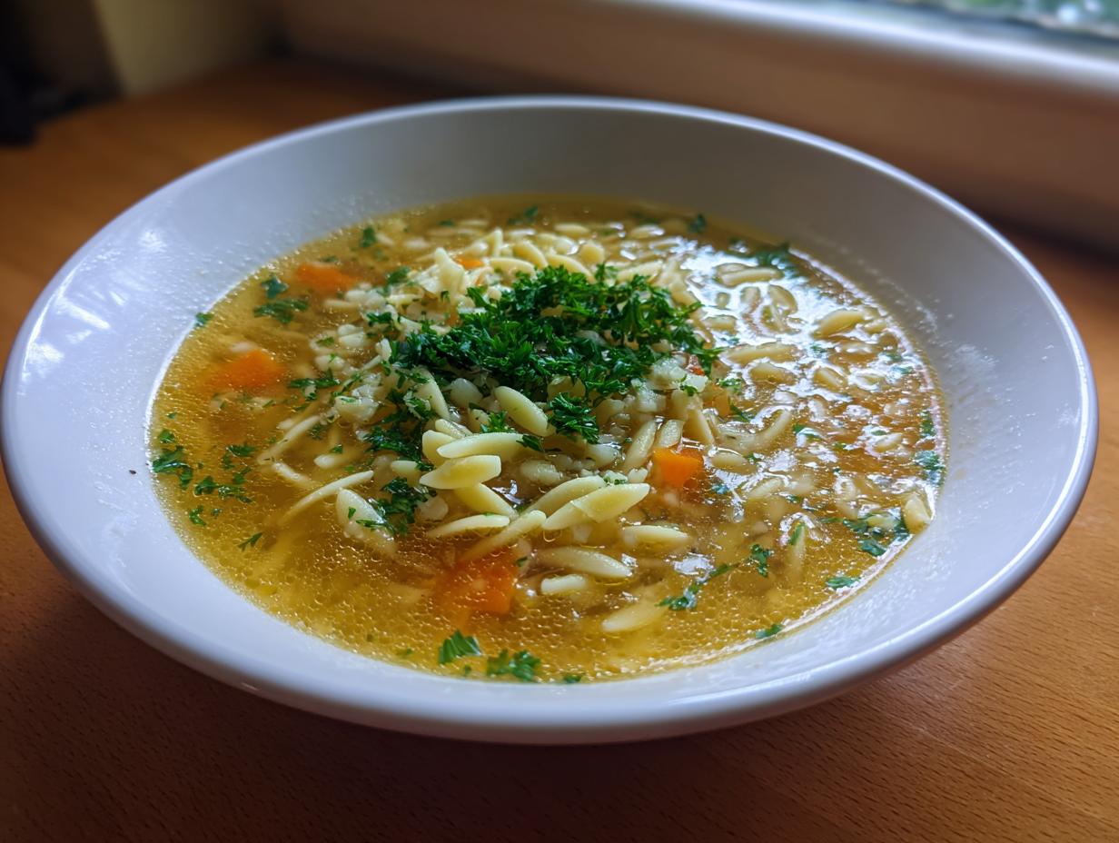 A close-up of a white bowl filled with amazing pastina soup, featuring small pasta, broth, carrots, and fresh parsley.