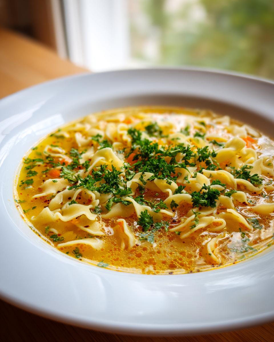 A close-up of a white bowl filled with rich, yellow pastina soup, garnished heavily with fresh chopped parsley.