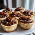 A close-up of several freshly baked pecan tassies with sticky filling and a whole pecan on top, served on a white plate.
