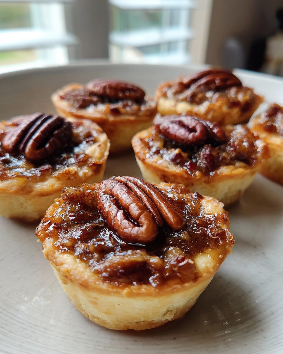 A close-up photo of several delicious pecan tassies with a gooey filling and a whole pecan on top.