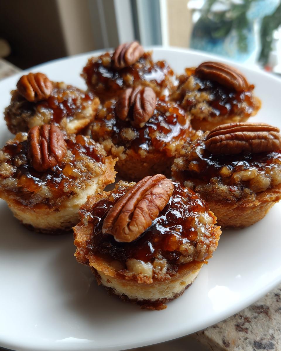 A close-up view of six freshly baked pecan tassies, topped with gooey filling and a whole pecan half.