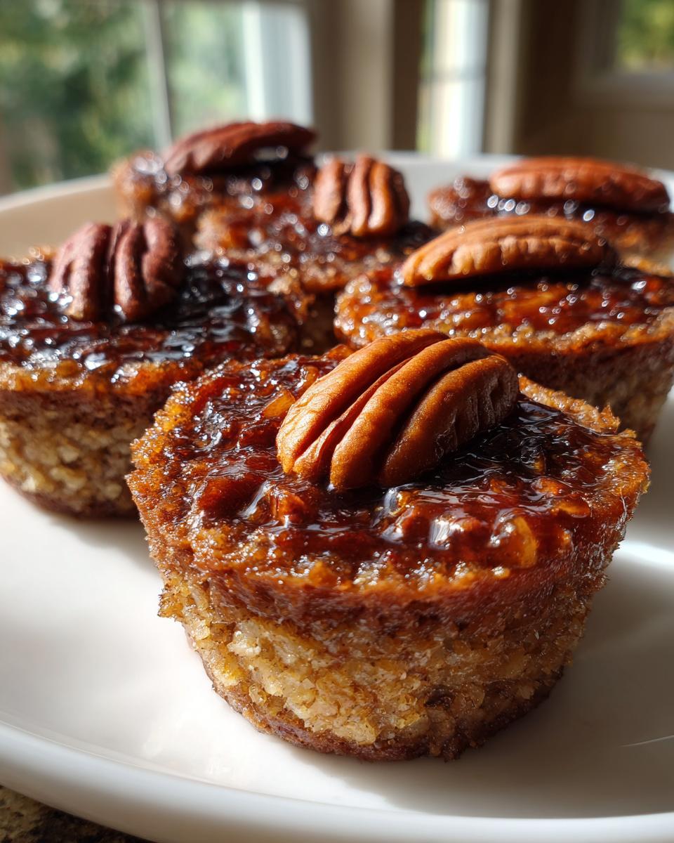 Close-up of several golden brown pecan tassies topped with a glossy caramel glaze and a whole pecan half.