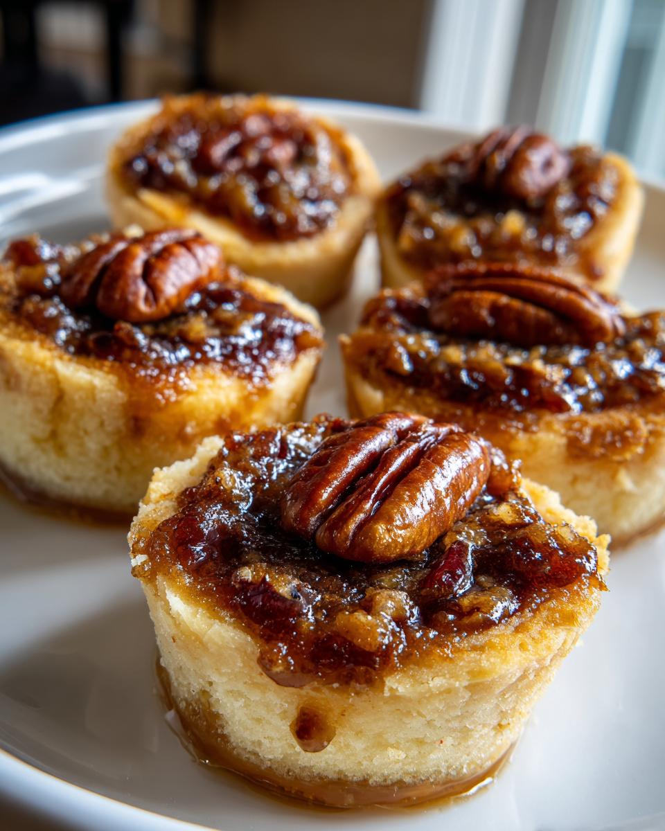 Four delicious pecan tassies with gooey caramel filling and a whole pecan on top, served on a white plate.