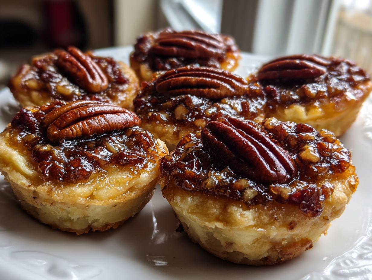 Five glistening, miniature pecan tassies with flaky crusts and whole pecans on top, ready to eat.