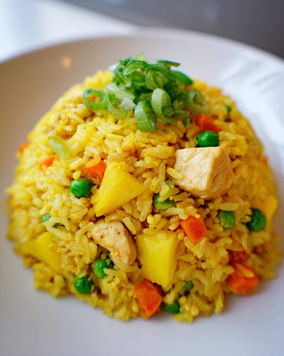 A mound of vibrant yellow pineapple fried rice mixed with chicken, peas, carrots, and topped with green onions.