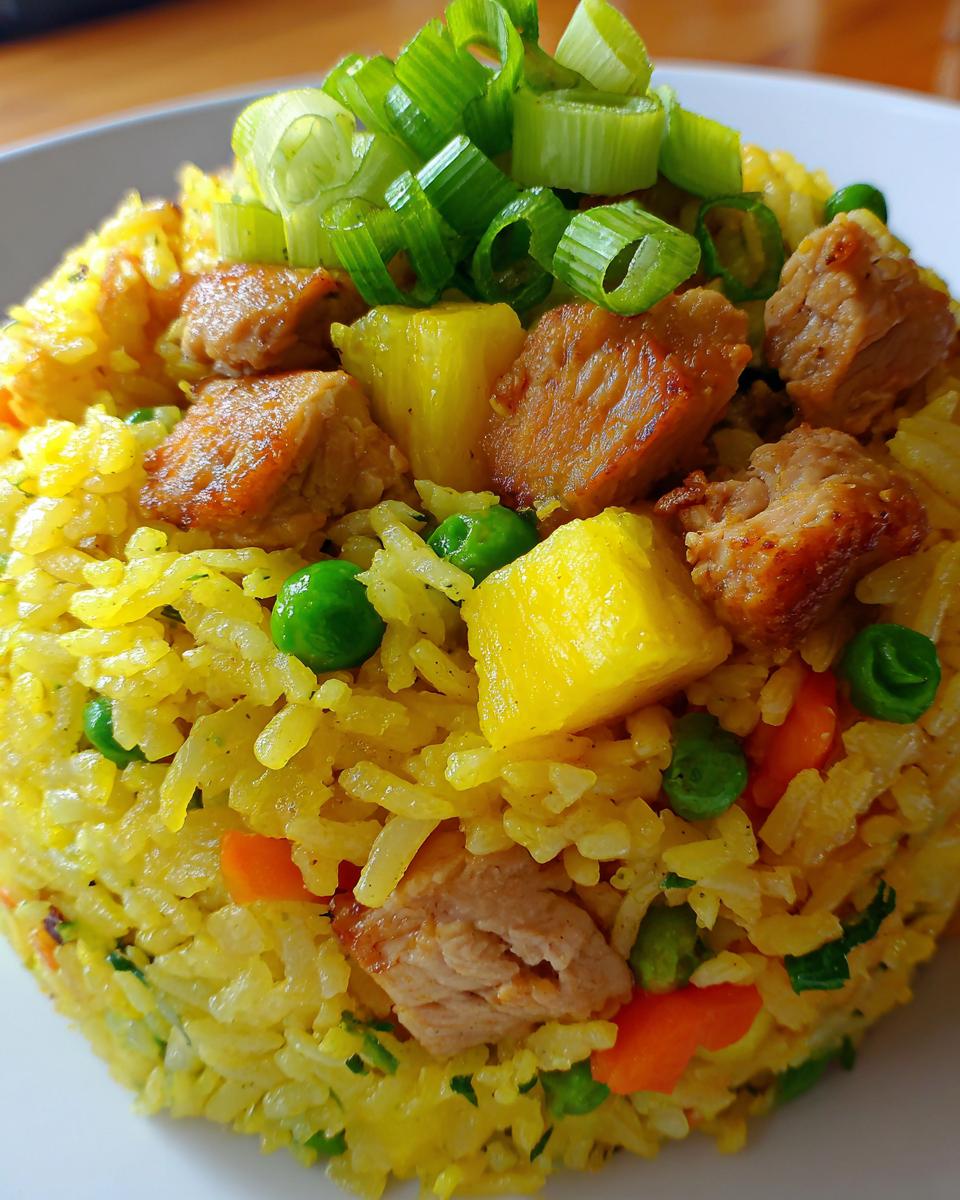 A close-up of vibrant yellow pineapple fried rice topped with chunks of seared pork, pineapple pieces, peas, and fresh green onions.