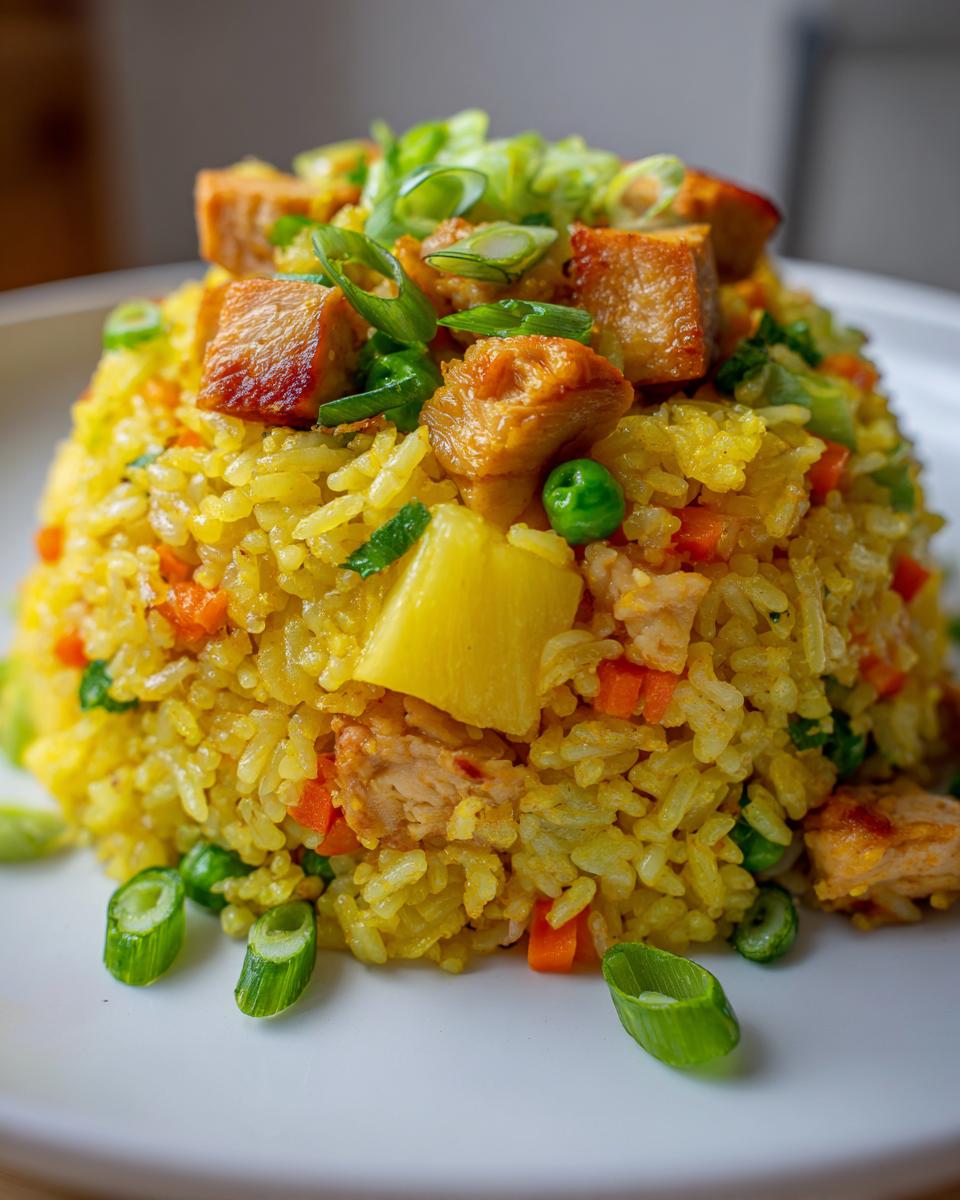 A vibrant mound of yellow pineapple fried rice topped with seared protein chunks and green onions.