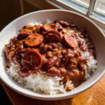 A white bowl filled with fluffy white rice topped generously with rich red beans and rice and sliced smoked sausage.