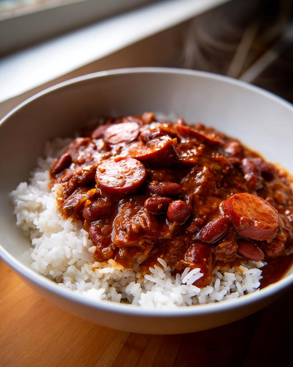 A close-up of a white bowl filled with white rice topped generously with rich, saucy red beans and slices of smoked sausage.
