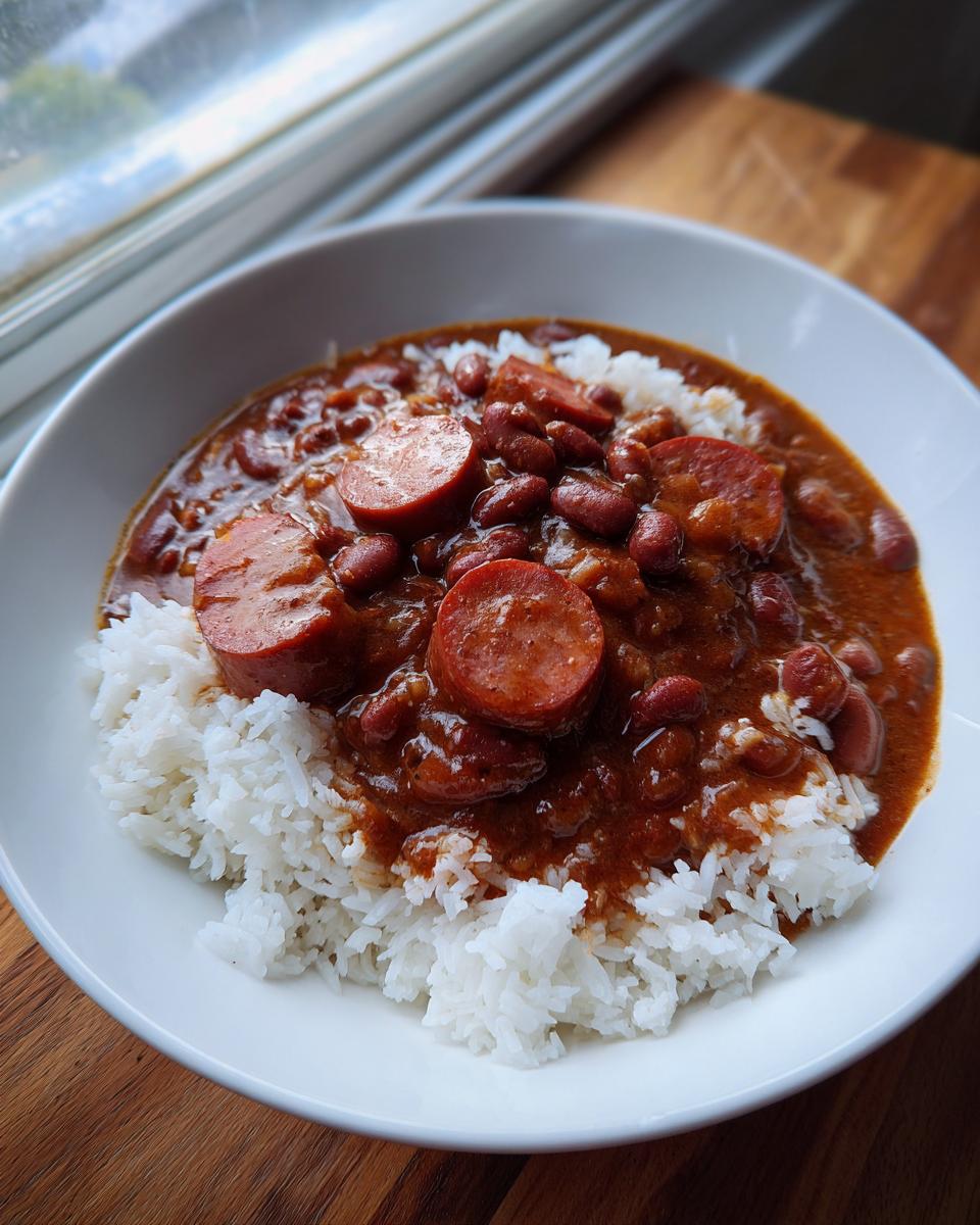 A white bowl filled with fluffy white rice topped with rich, savory red beans and rice and slices of smoked sausage.