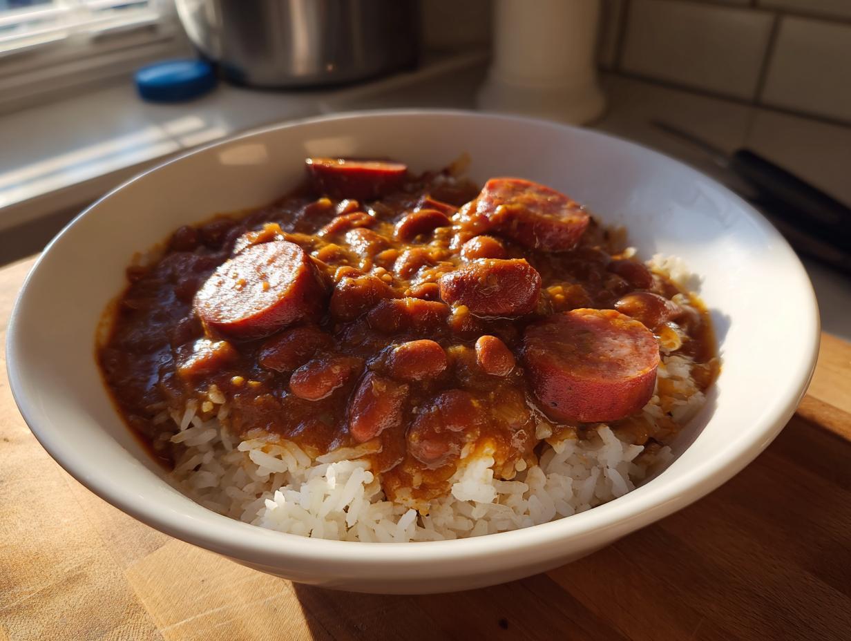 A white bowl filled with white rice topped with rich, savory red beans and slices of andouille sausage, representing red beans and rice.