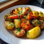 A close-up of golden brown roasted potatoes and carrots sprinkled with fresh parsley.