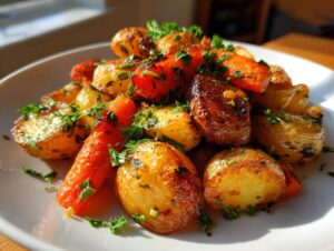 Close-up of perfectly golden roasted potatoes and carrots seasoned with herbs.